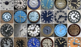 multiple clocks in shades of blue, black, grey and brown